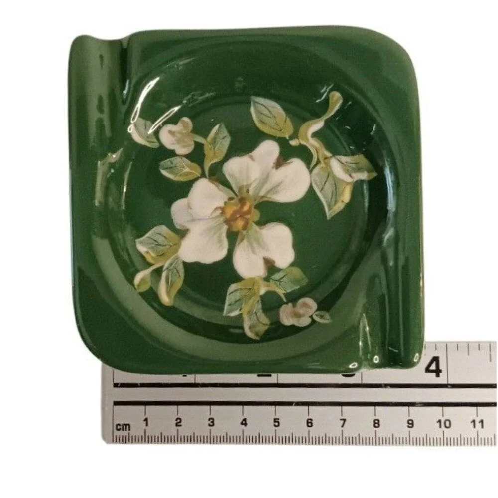 Vintage Square Ashtray Green White Floral Vee Jackson California Pottery 3.5